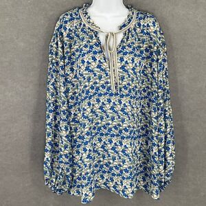 Max Studio Womens 2X Floral Print Long Sleeve Tunic Top Blouse Blue‎ Green